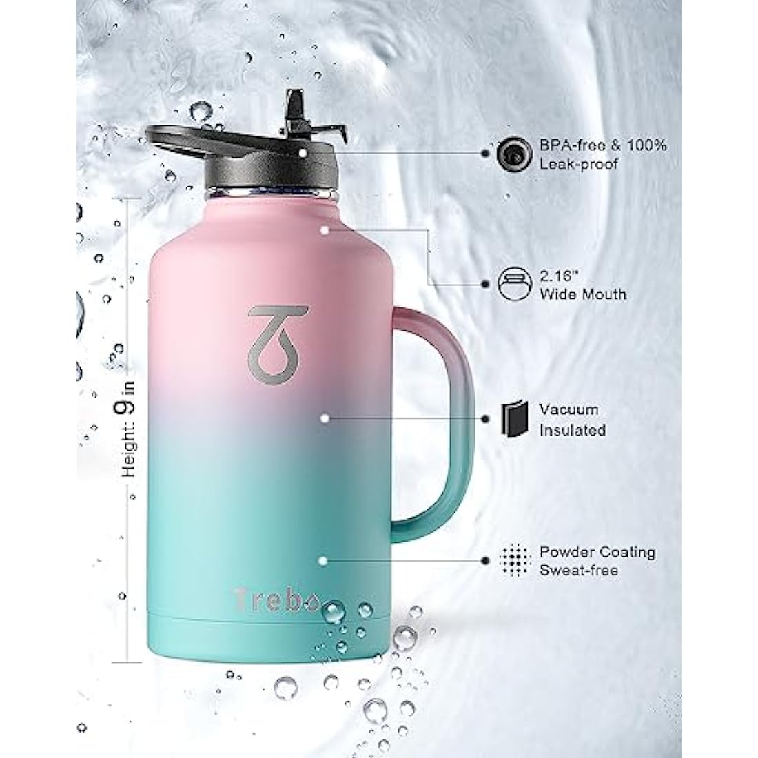 Trebo 2L Insulated Water Bottle | Stainless Steel Large Travel Jug