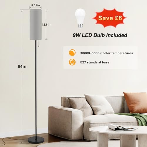 Aooshine Modern Floor Lamp | 3 Color LED Standing Lamp with Grey Shade