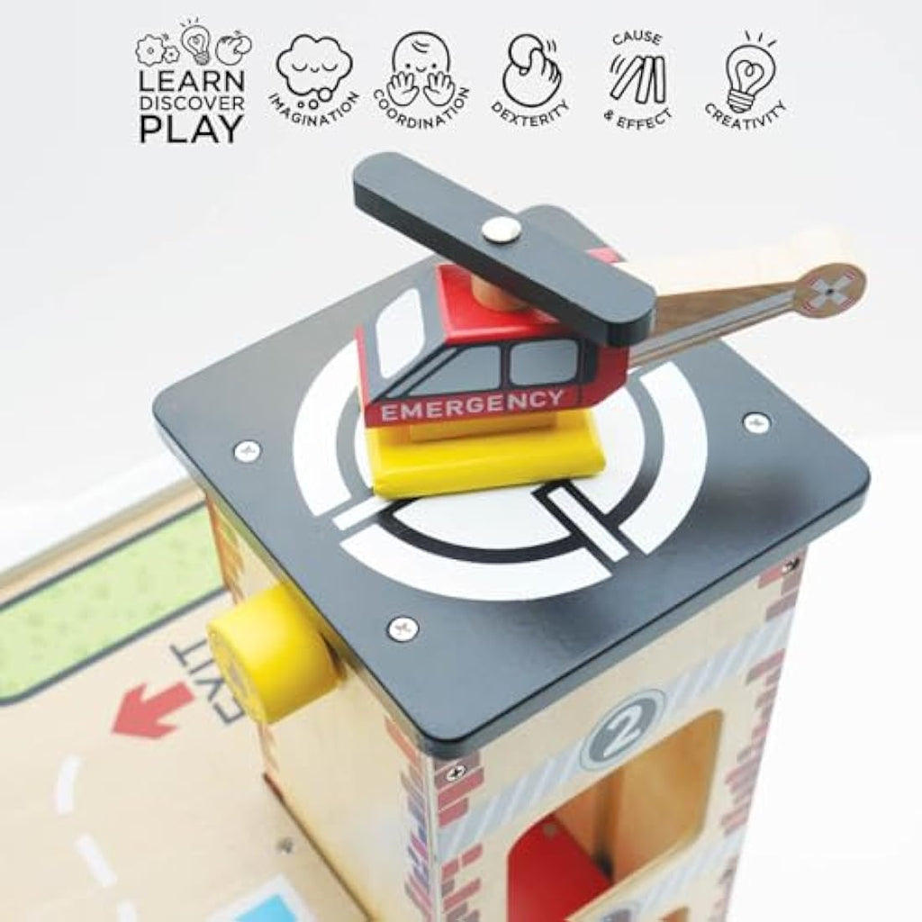 Le Toy Van Wooden 3 Storey Fire & Rescue Garage Toy Car Play Set