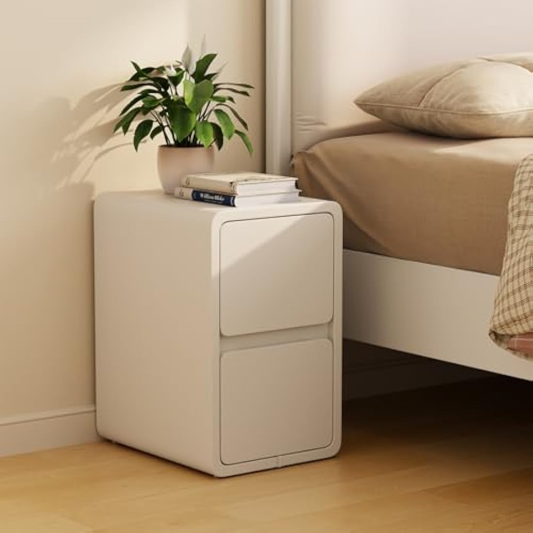 AQIMUELE Narrow Bedside Table | 2-Drawer White Leather Nightstand