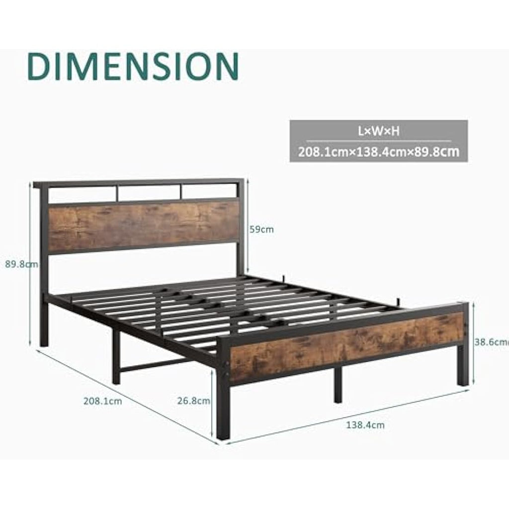 JELUTE Double Metal Platform Bed Frame with Storage Headboard - Black