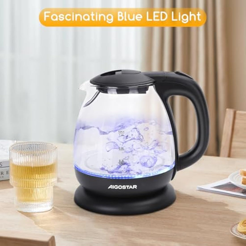 Aigostar 1.0L Glass Electric Kettle – 2200W Fast Boil Mini Tea Kettle