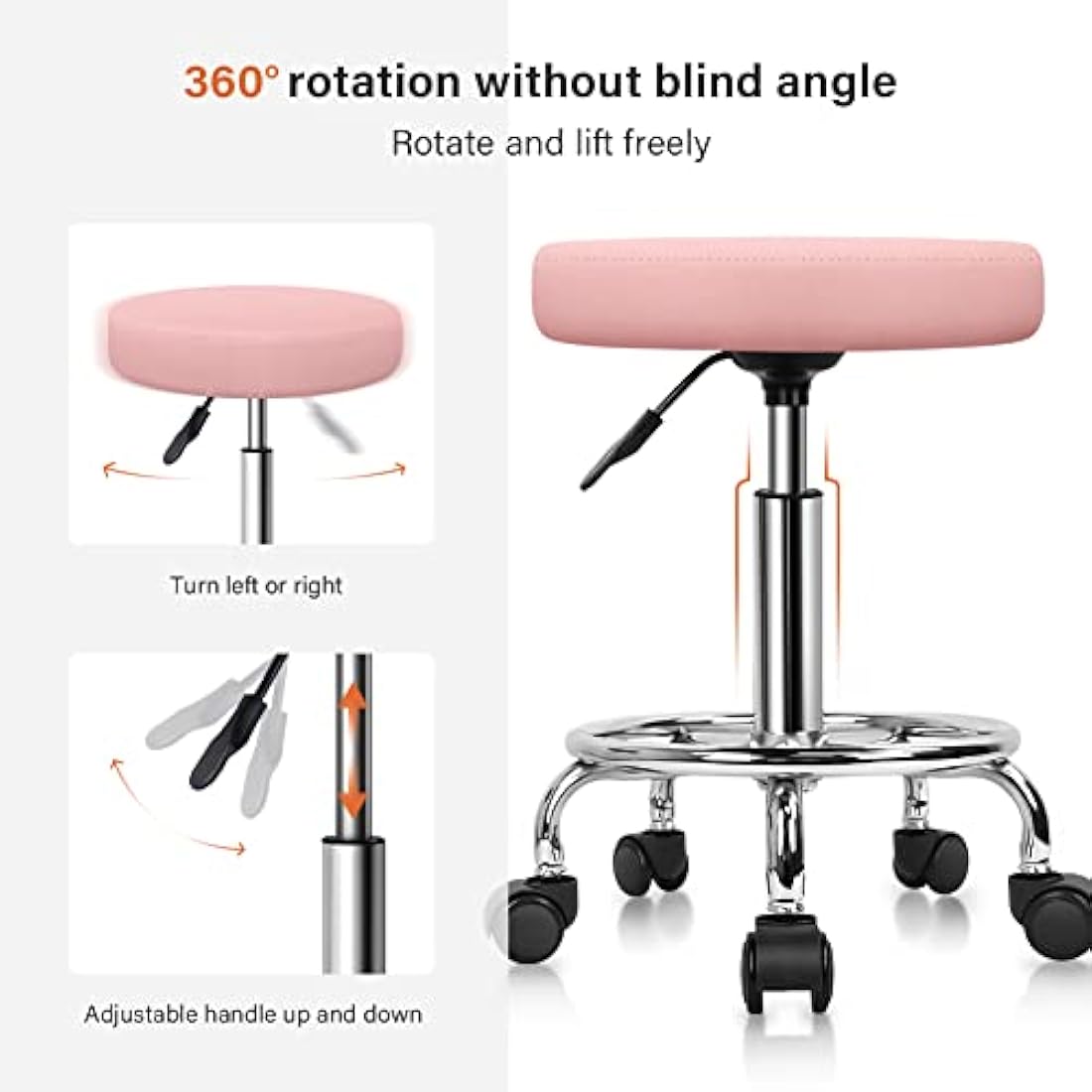 KKTONER PU Leather Rolling Stool - Swivel Salon Chair with Footrest, Pink