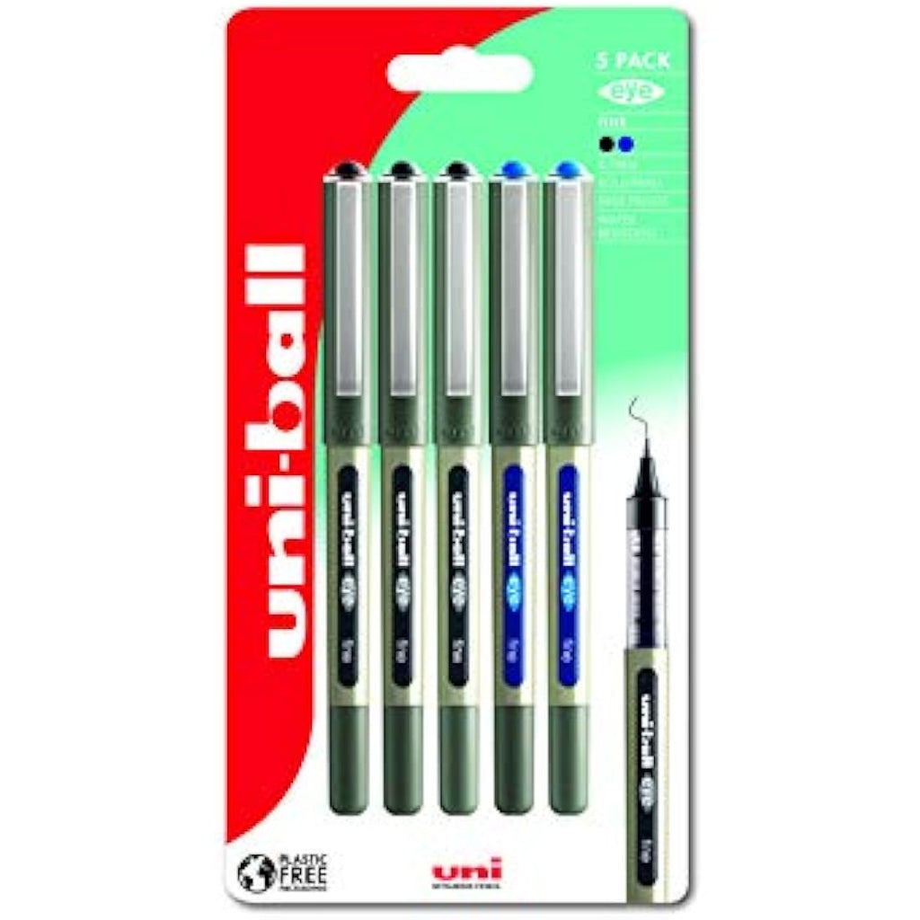 Uni-ball Eye UB-157 Rollerball Pens - Fine 0.7mm Black/Blue 5 Pack