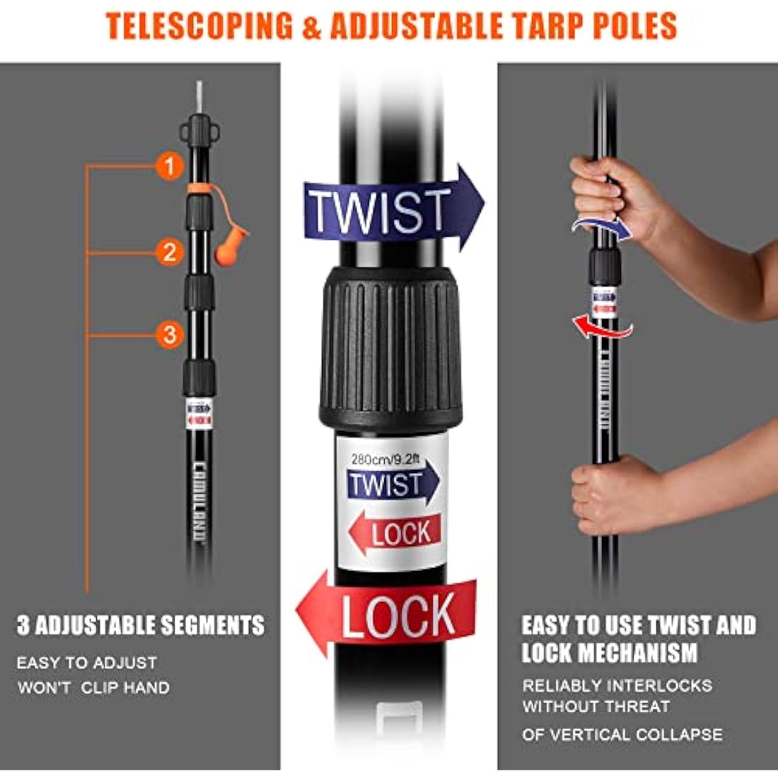 CAMULAND Telescoping Tent Poles | 110" Heavy Duty Aluminum Tarp Poles - 2PK