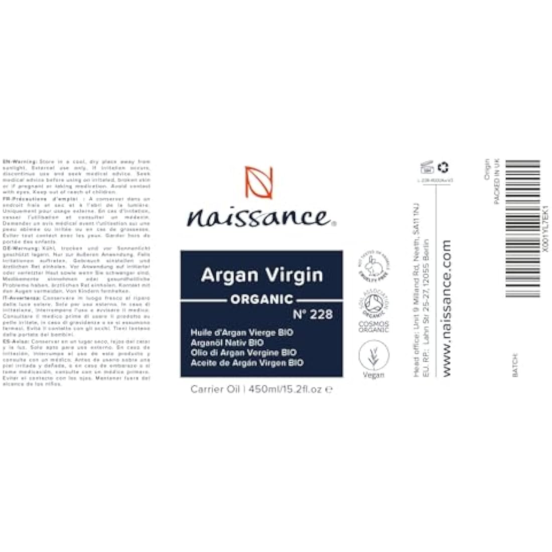 Naissance Organic Argan Oil – Pure Cold Pressed Moroccan Oil 450ml