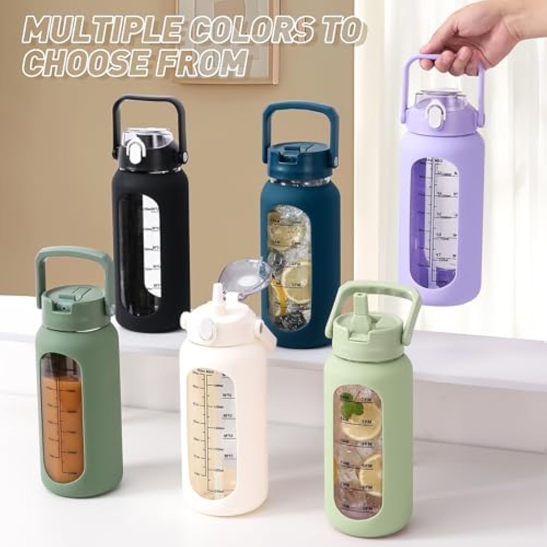 HYDRAGLAZIC 2L Glass Water Bottle | 2 Liter Large Jug with Silicone Sleeve