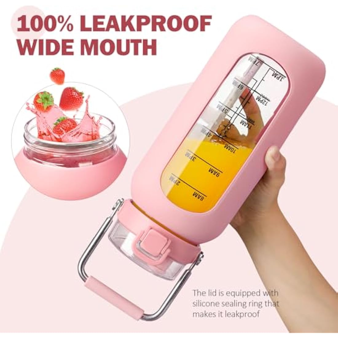 BLUEGO 2L Glass Water Bottle with Time Marker and Straw – Pink