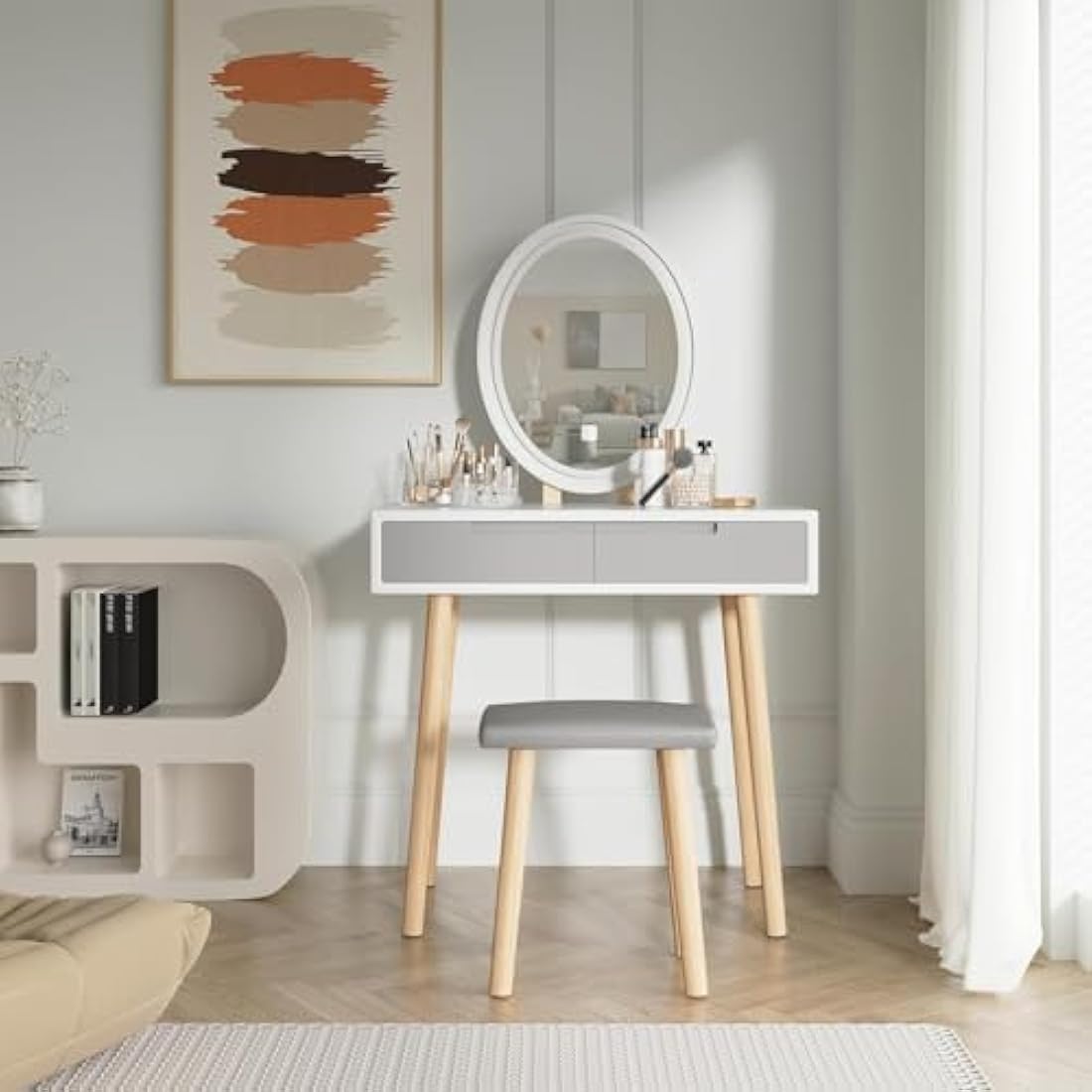 YOURLITE Vanity Table Set with LED Oval Mirror and Cushioned Stool - White