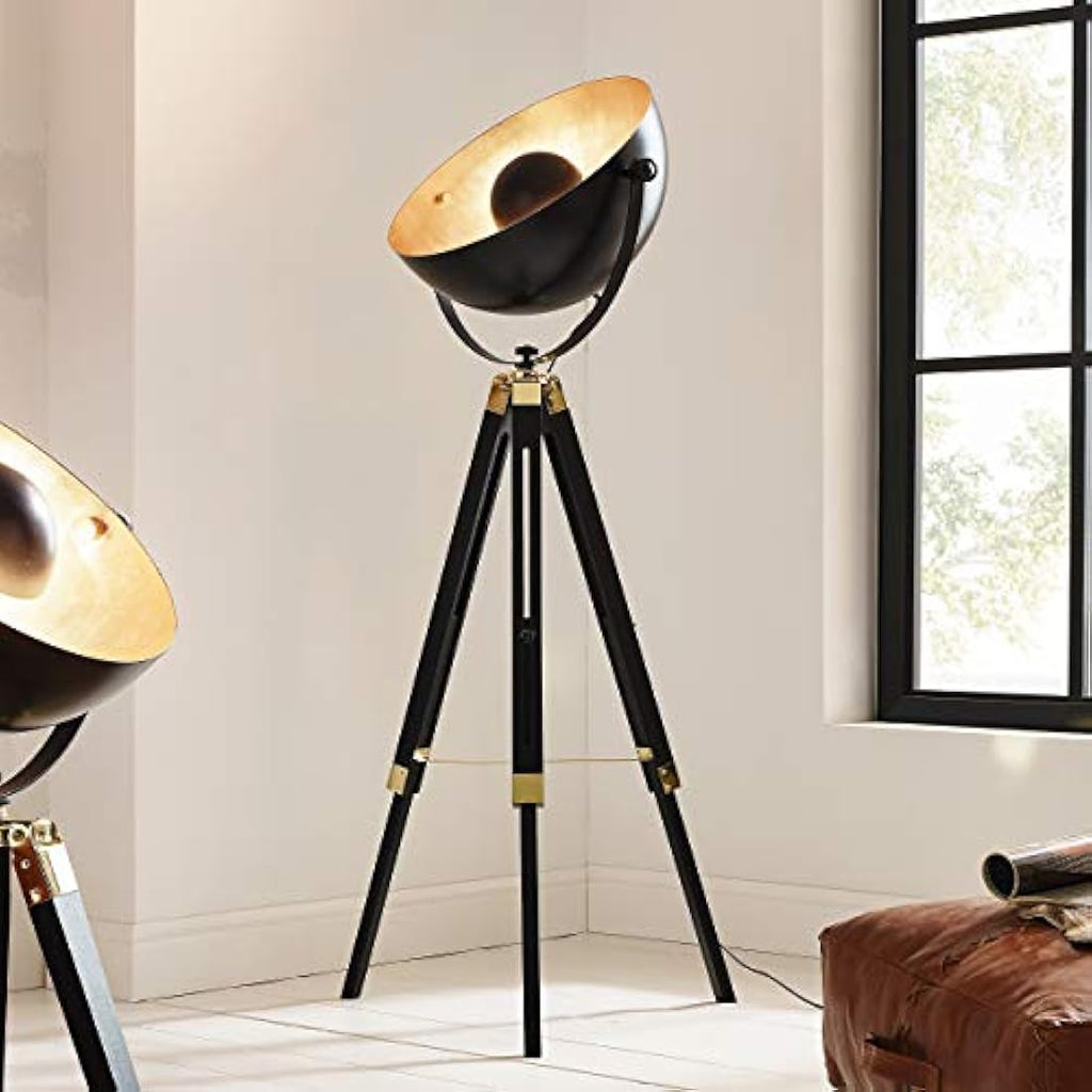 Eglo Covaleda Industrial Tripod Floor Lamp | Black & Gold Wood Steel