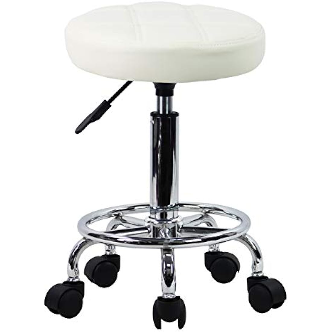Jolof Store Round Rolling Stool – Adjustable PU Leather Swivel Chair, White