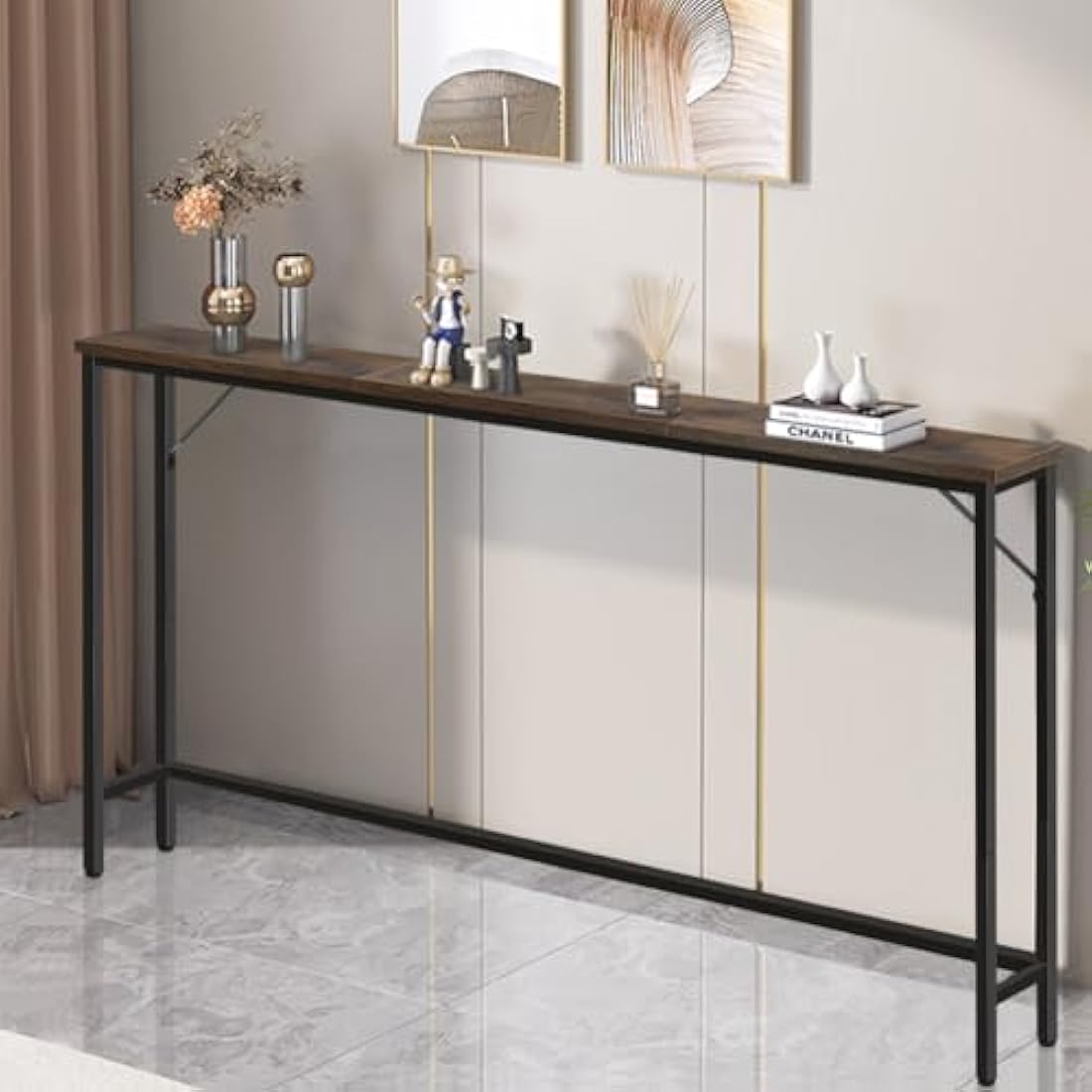 FURWOO Slim Console Table - Industrial Narrow Sofa Table, Rustic Brown