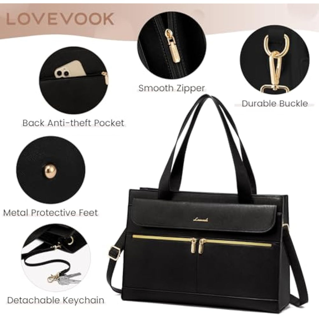 LOVEVOOK 15.6 Inch Laptop Bag for Women | PU Leather Work Tote, Black