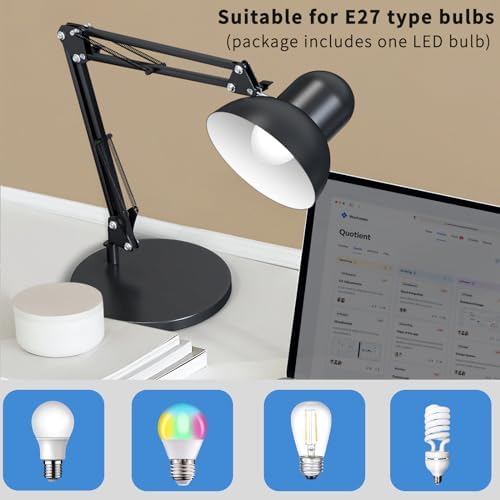 LONGTOO Swing Arm Desk Lamp | Adjustable Metal Clamp Light with E27 Bulb