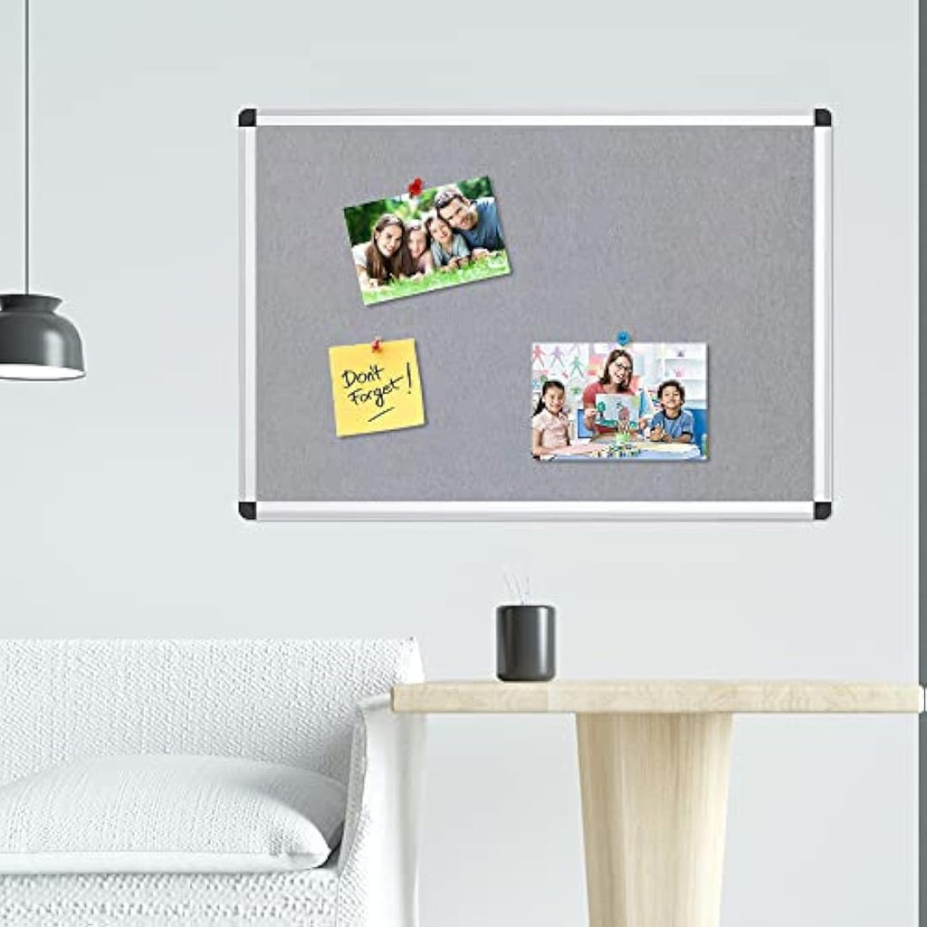 VIZ-PRO Grey Felt Notice Board | Silver Aluminium Frame | 90 x 60 cm