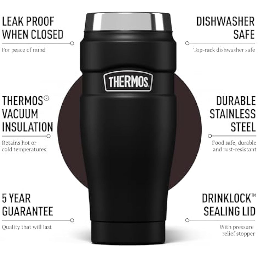 Thermos Stainless King Travel Tumbler | 470ml Insulated Flask - Matt Black