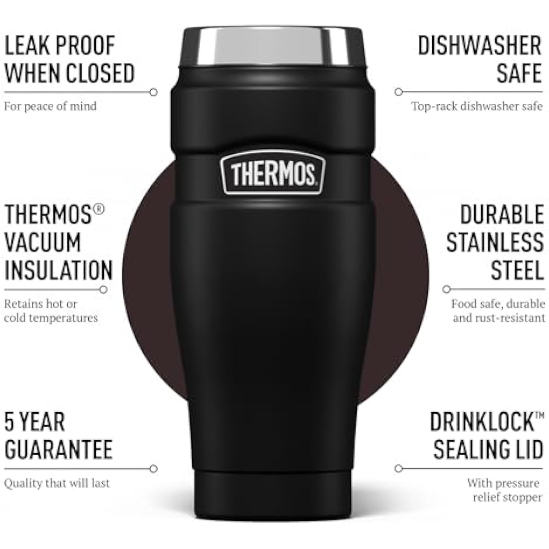 Thermos Stainless King Travel Tumbler | 470ml Insulated Flask - Matt Black