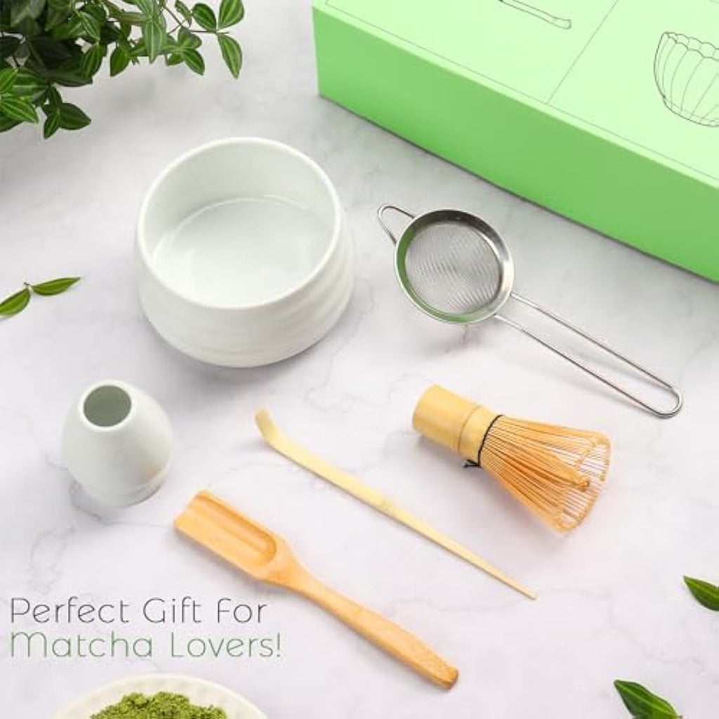 Geebuzz 6-Piece Matcha Whisk Set with Ceramic Bowl and Bamboo Whisk - White
