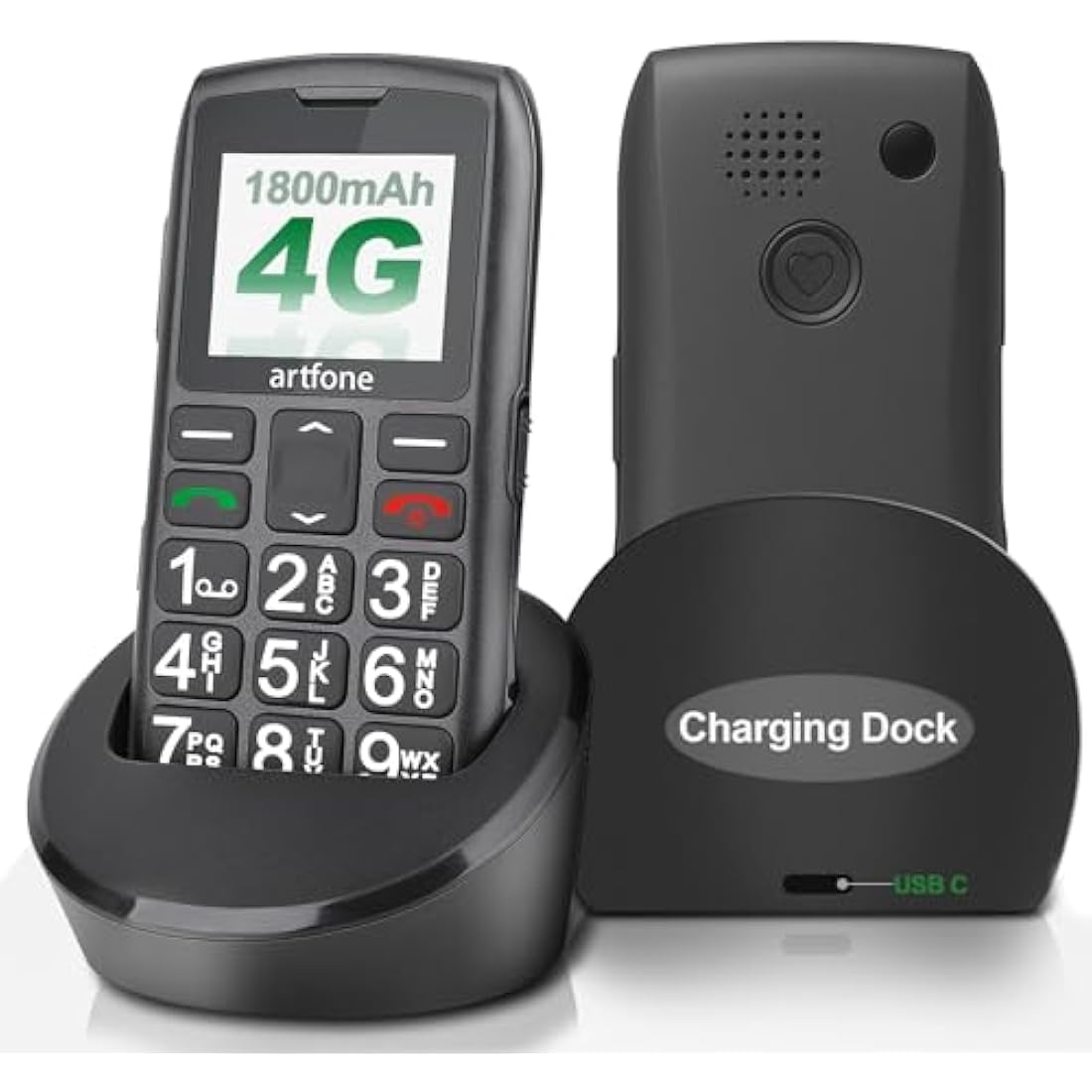 artfone C1+ 4G Big Button Mobile Phone for Seniors with SOS & Charging Dock