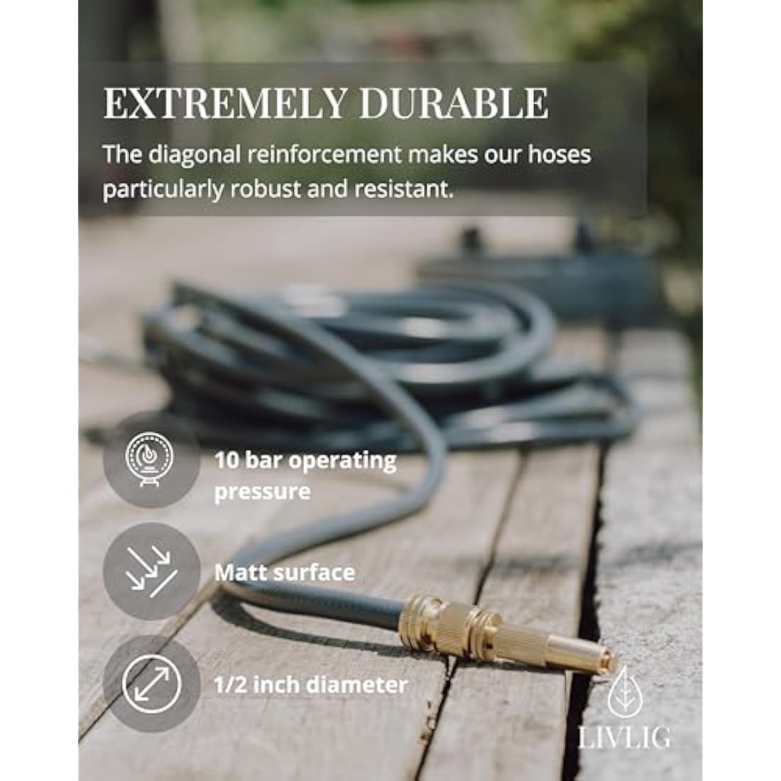 LIVLIG Garden Hose 50m | 1/2 Inch Recycled PVC Hosepipe - Anthracite