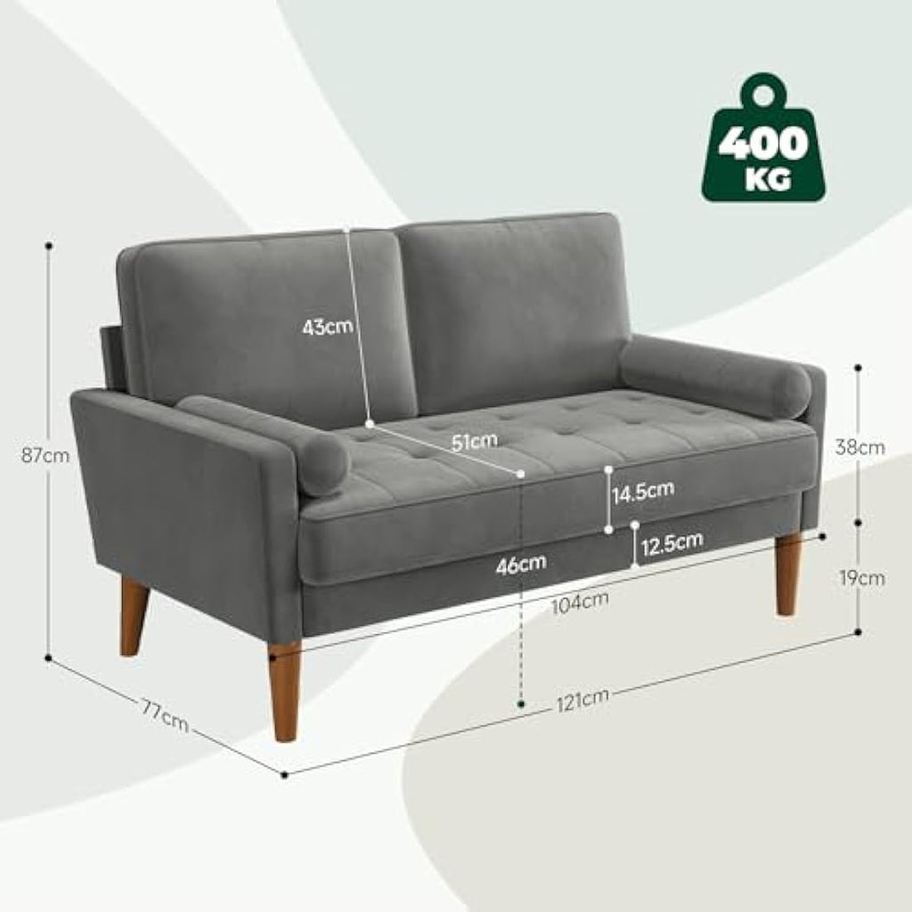 Vesgantti 2 Seater Grey Velvet Sofa – Modern Loveseat with Wood Legs