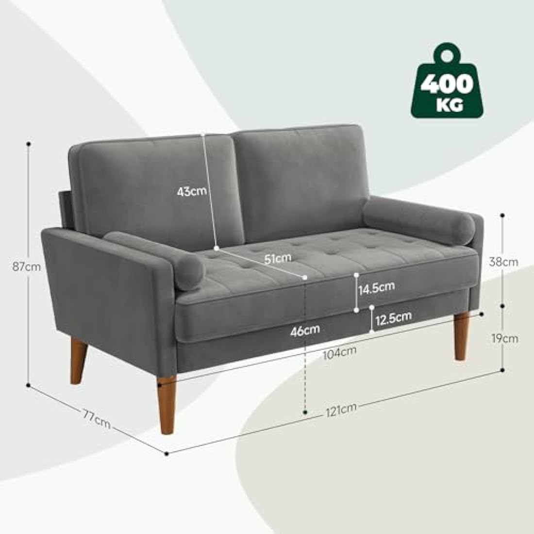Vesgantti 2 Seater Grey Velvet Sofa – Modern Loveseat with Wood Legs