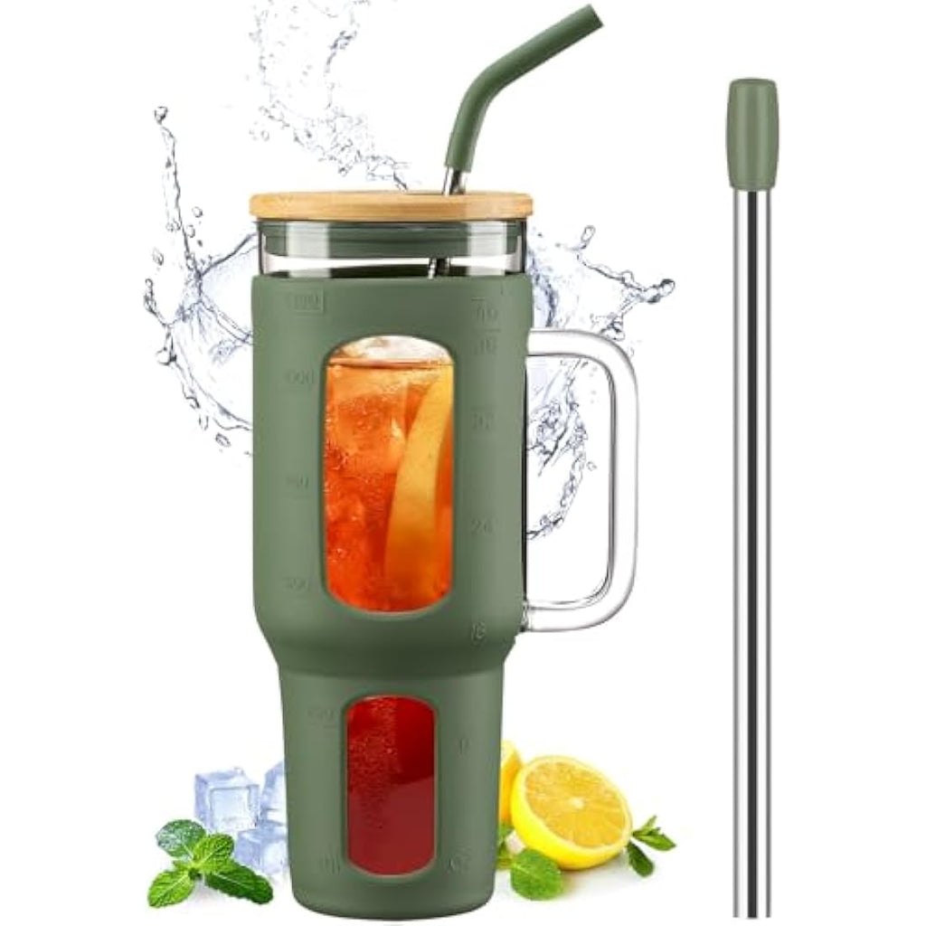 BLUEGO 1.4L Glass Tumbler with Handle and Straw – Iced Coffee Cup, Olive