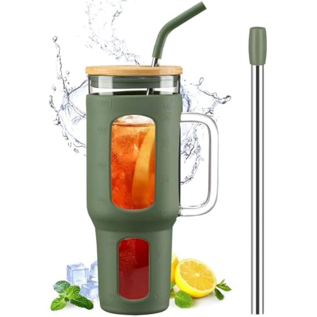BLUEGO 1.4L Glass Tumbler with Handle and Straw – Iced Coffee Cup, Olive