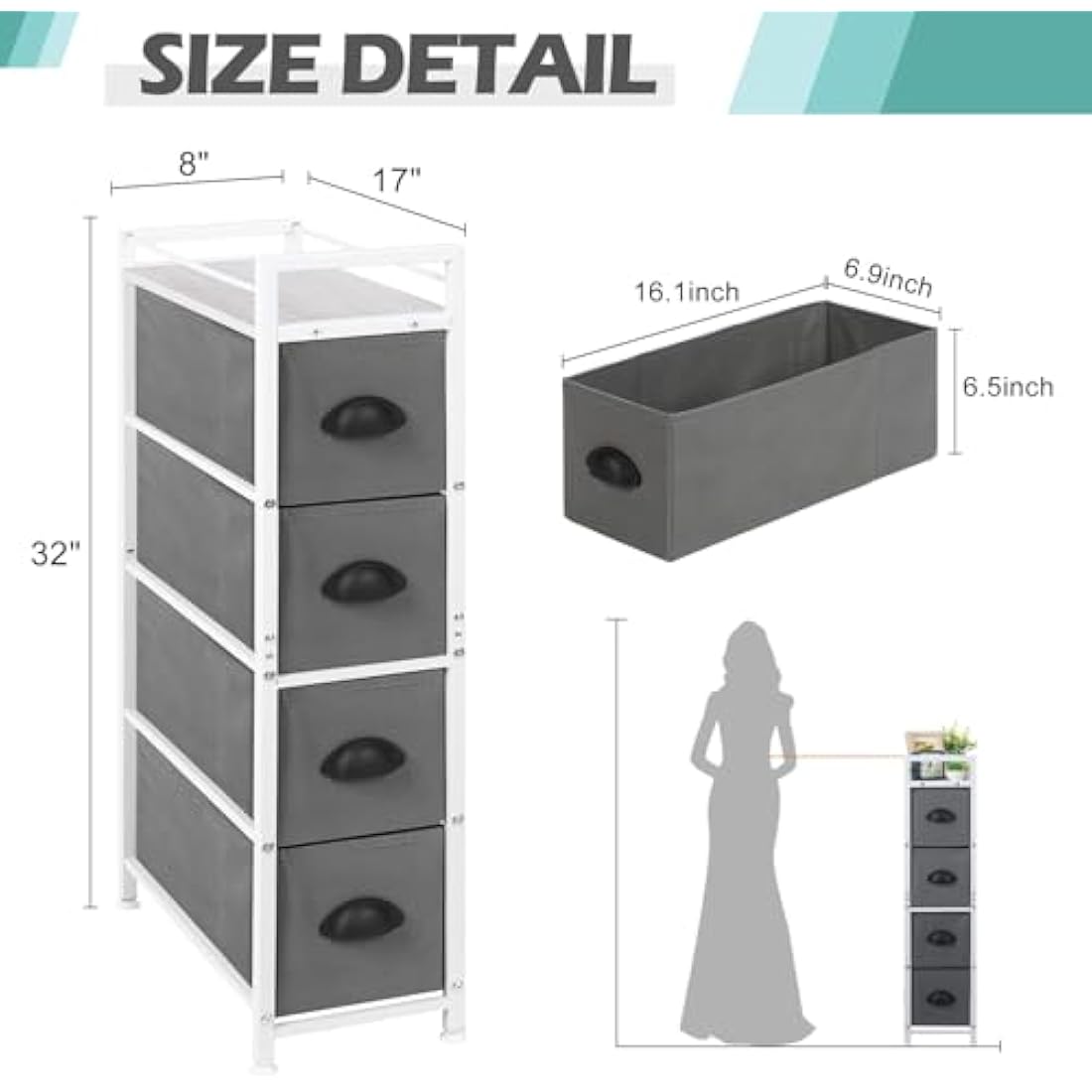 LIANTRAL Narrow Dresser | 4-Drawer Slim Vertical Storage Chest - Grey