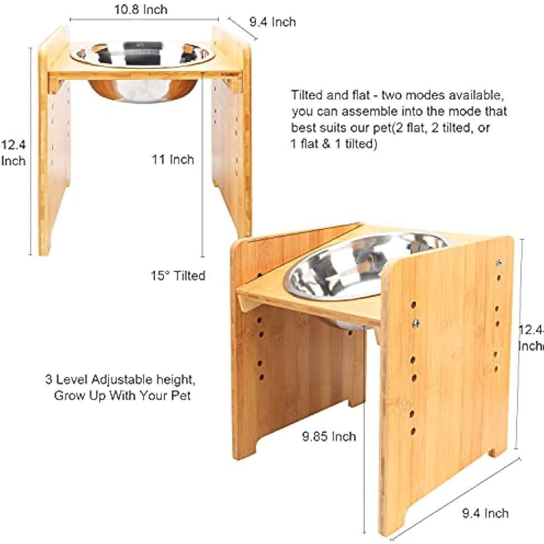FOREYY Raised Pet Bowls - Adjustable Bamboo Elevated Feeder with 2 Bowls