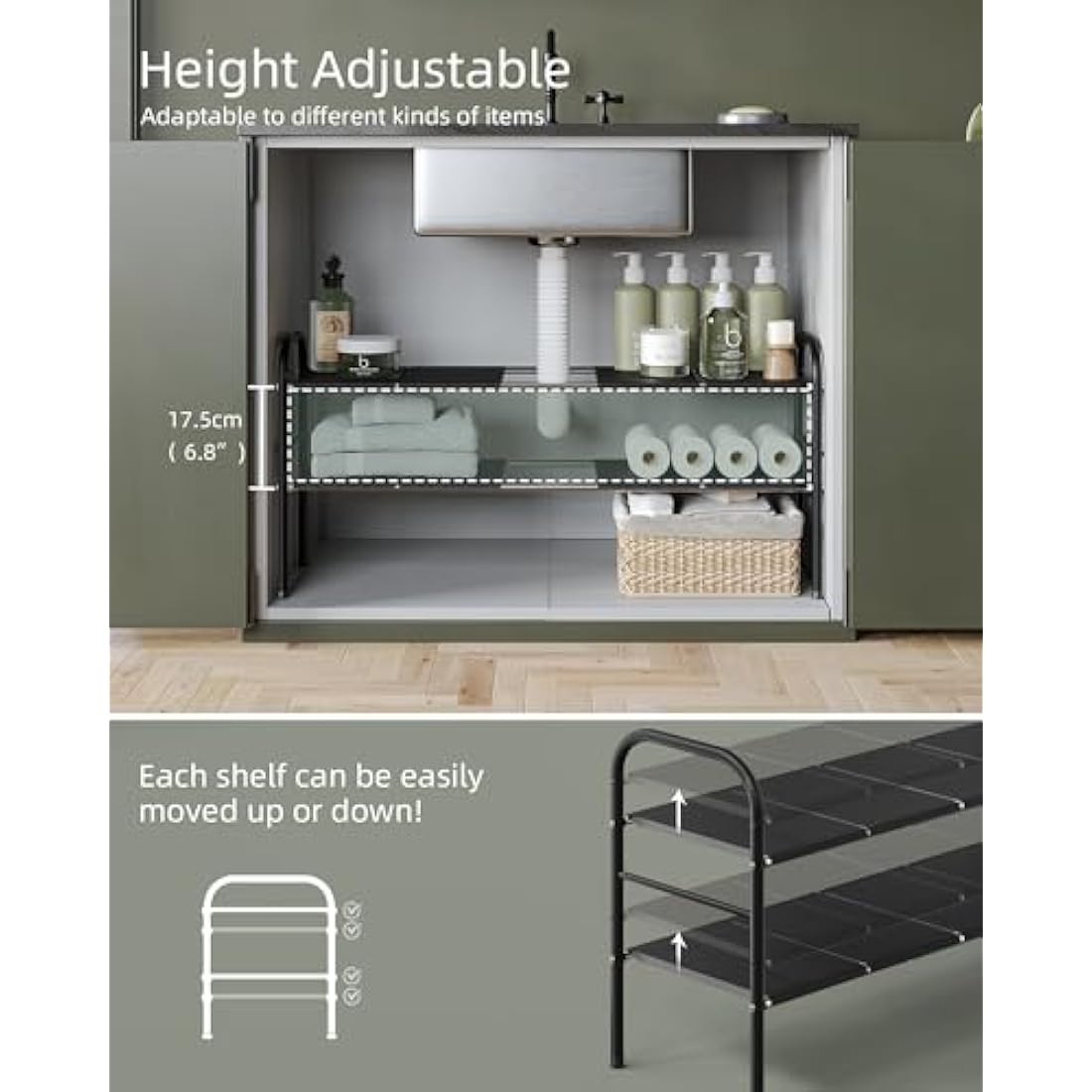NETEL Expandable Under Sink Storage – 2 Tier Metal Kitchen Organiser