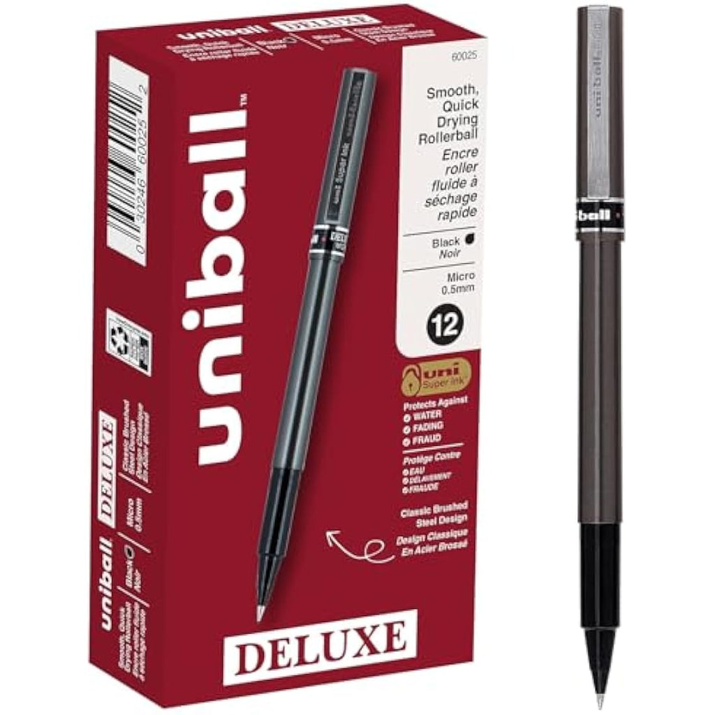 Uni-ball Deluxe Rollerball Pen - Micro Point, Black Waterproof Ink, 12-Pack