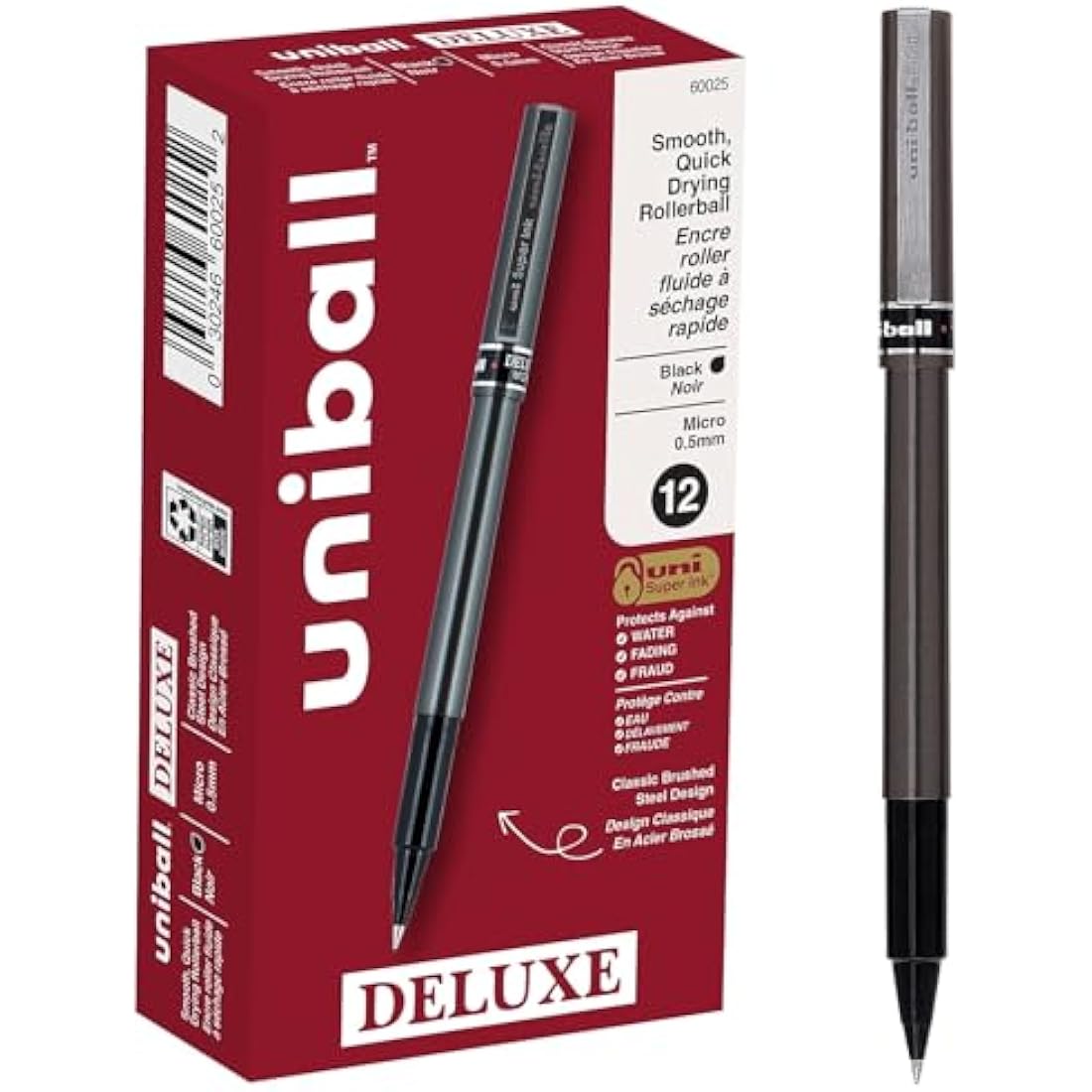 Uni-ball Deluxe Rollerball Pen - Micro Point, Black Waterproof Ink, 12-Pack