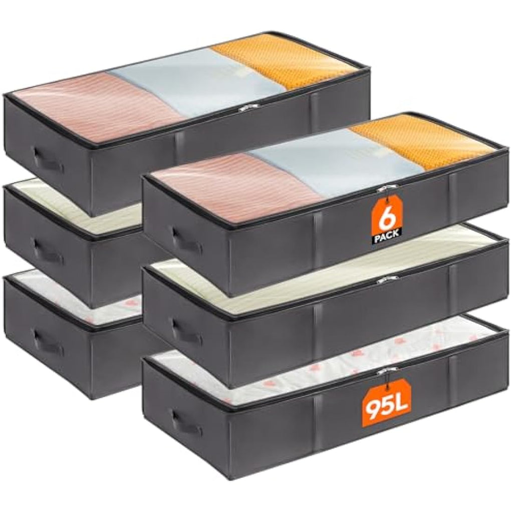 Lifewit 95L Under Bed Storage Boxes | 6 Pack Grey Fabric Organisers
