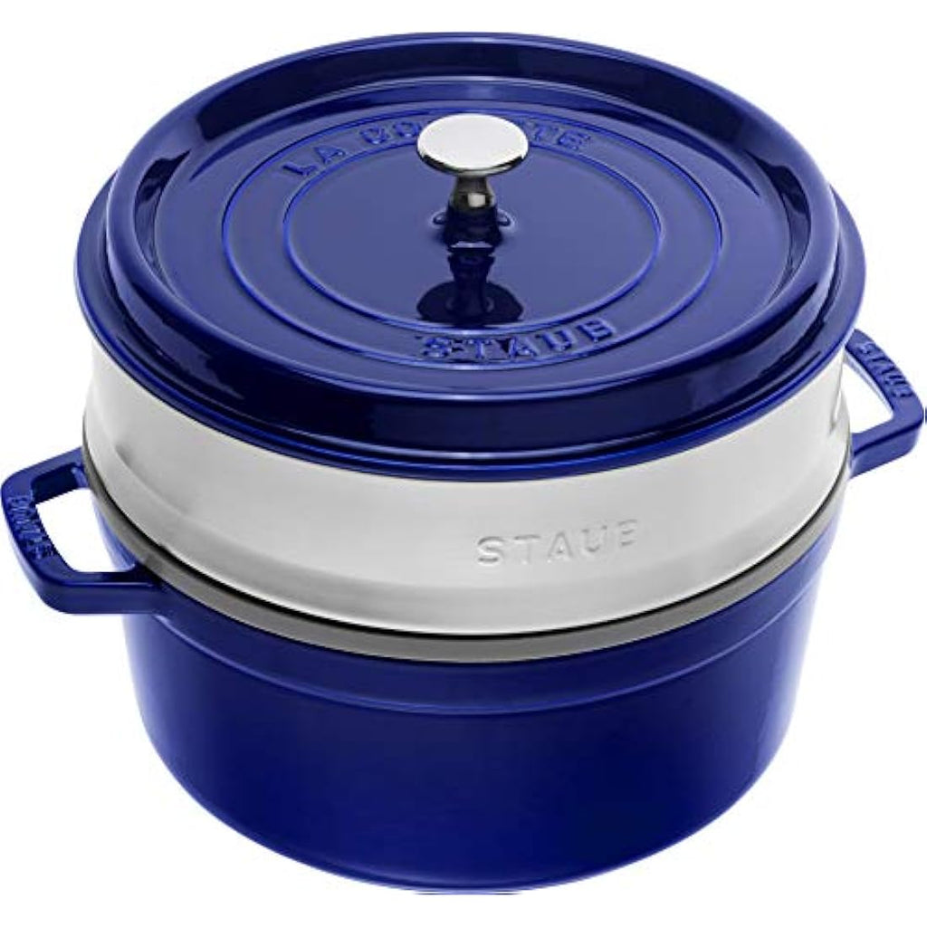 STAUB Cast Iron Round Cocotte with Steamer Insert, 5.2 L – Dark Blue