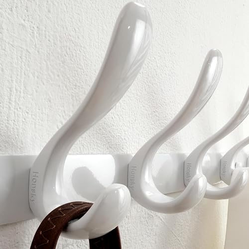 HONSKY Metal Wall Mounted Coat Rack – Heavy Duty 6 Double Hooks, White, 2 Pack