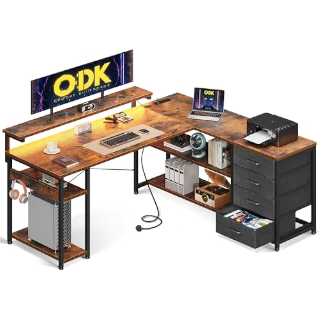 ODK L-Shaped Corner Gaming Desk with LED Lights & Drawers, Vintage
