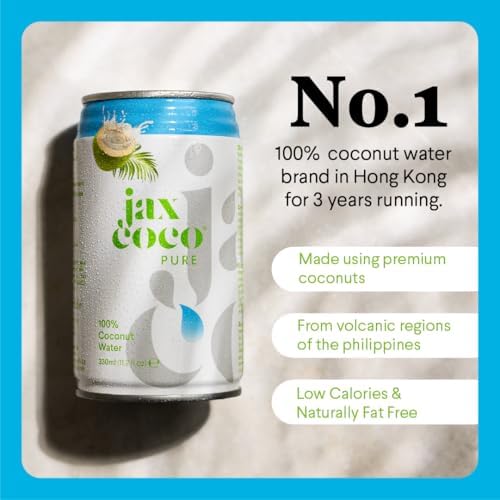 Jax Coco Pure Coconut Water – 100% Natural Hydration – 24 x 330ml Cans