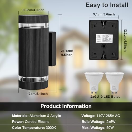 LMP Outdoor Wall Lights – IP65 Modern Black Up Down LED Porch Light