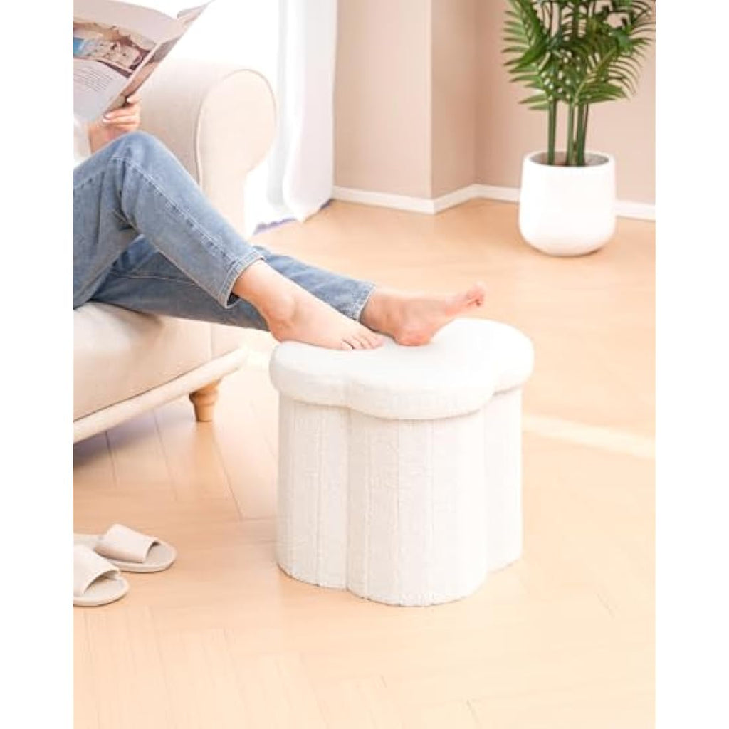 Bonlife White Boucle Storage Ottoman – Folding Teddy Flower Toy Chest