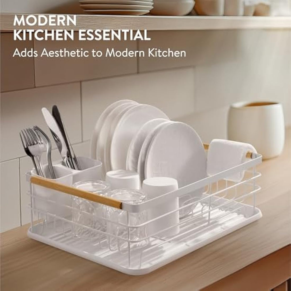 Navaris Dish Drying Rack – Retro Kitchen Drainer with Beechwood Handles
