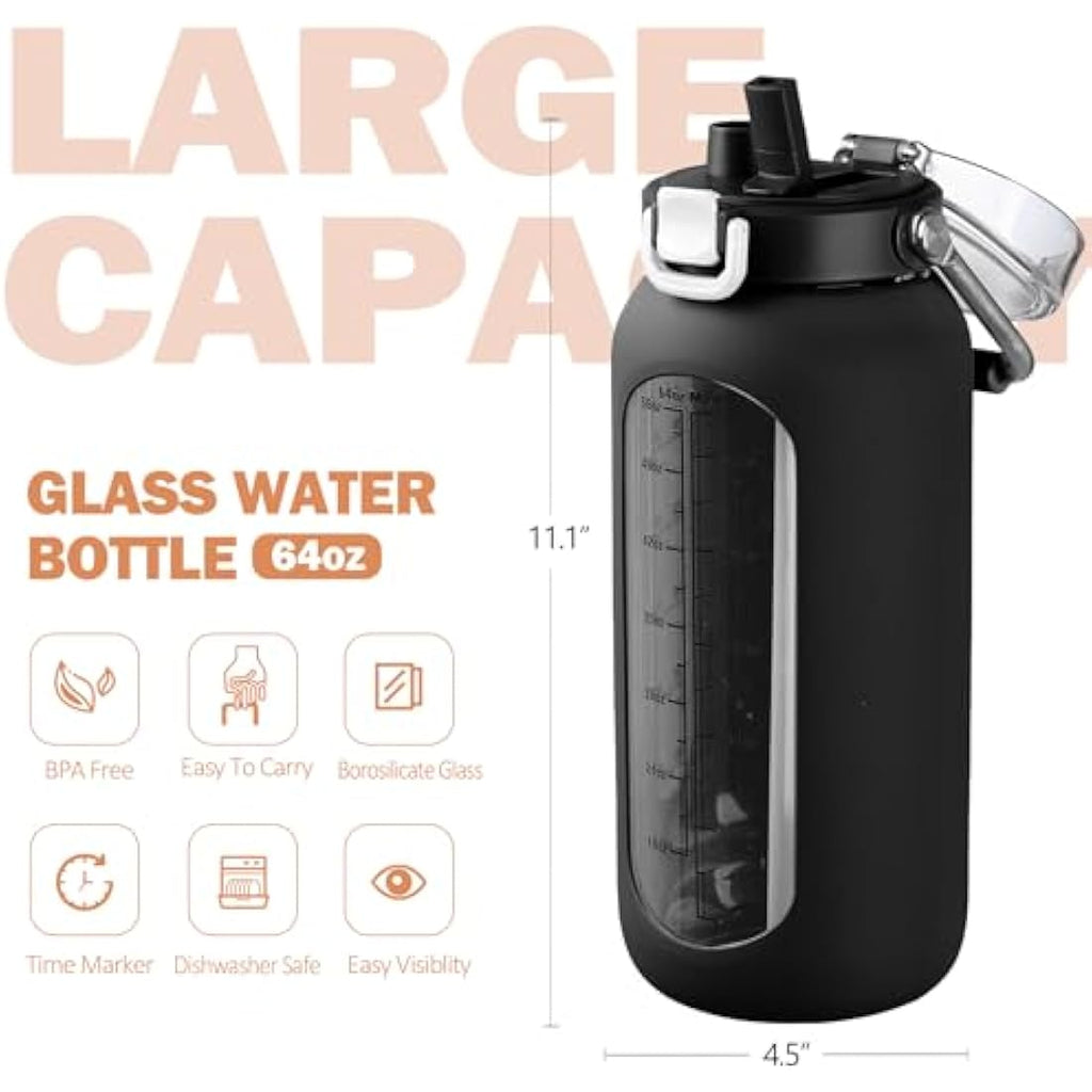 BLUEGO 2L Glass Water Bottle with Time Marker and Silicone Sleeve – Black