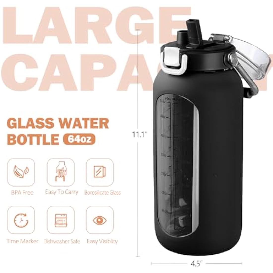 BLUEGO 2L Glass Water Bottle with Time Marker and Silicone Sleeve – Black