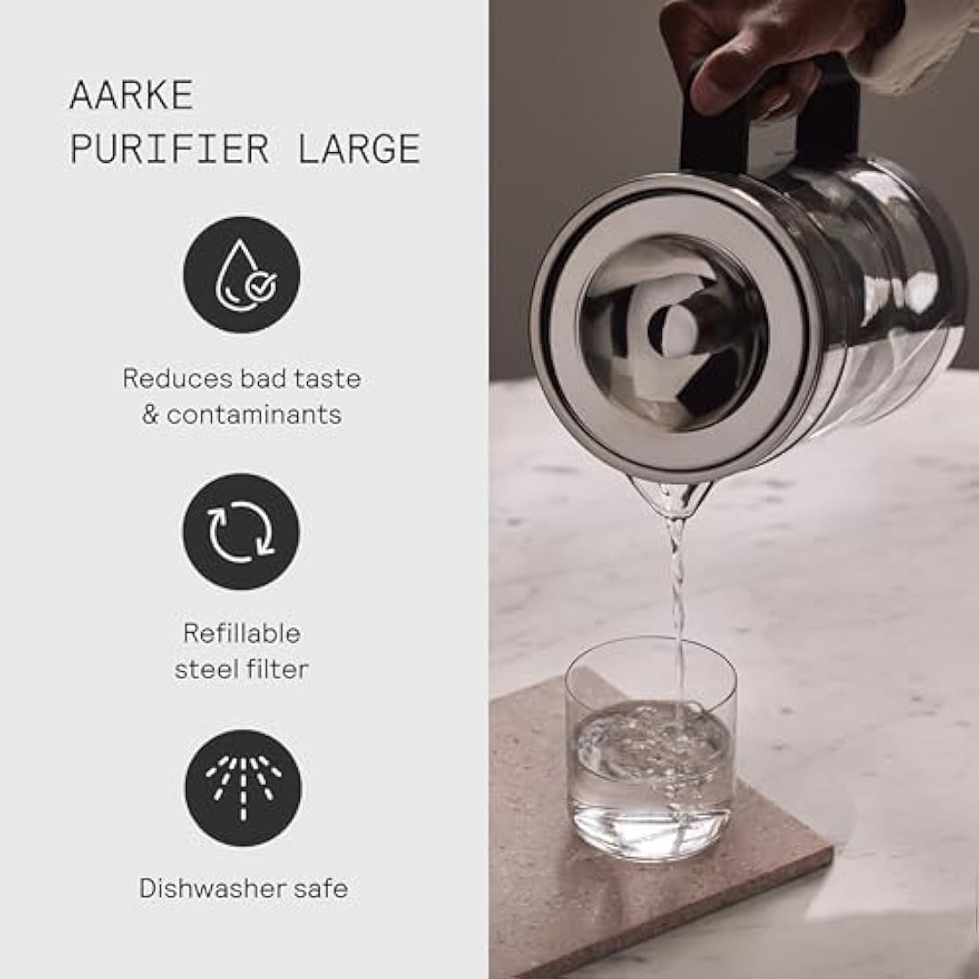 Aarke Purifier Large – Glass and Stainless Steel Water Filter Jug