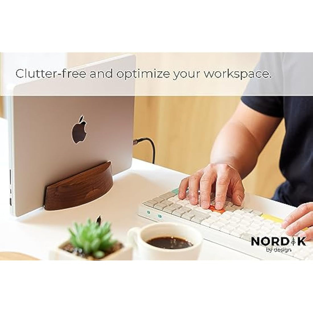 Nordik Vertical Laptop Stand – Adjustable Walnut Wood Desk Dock