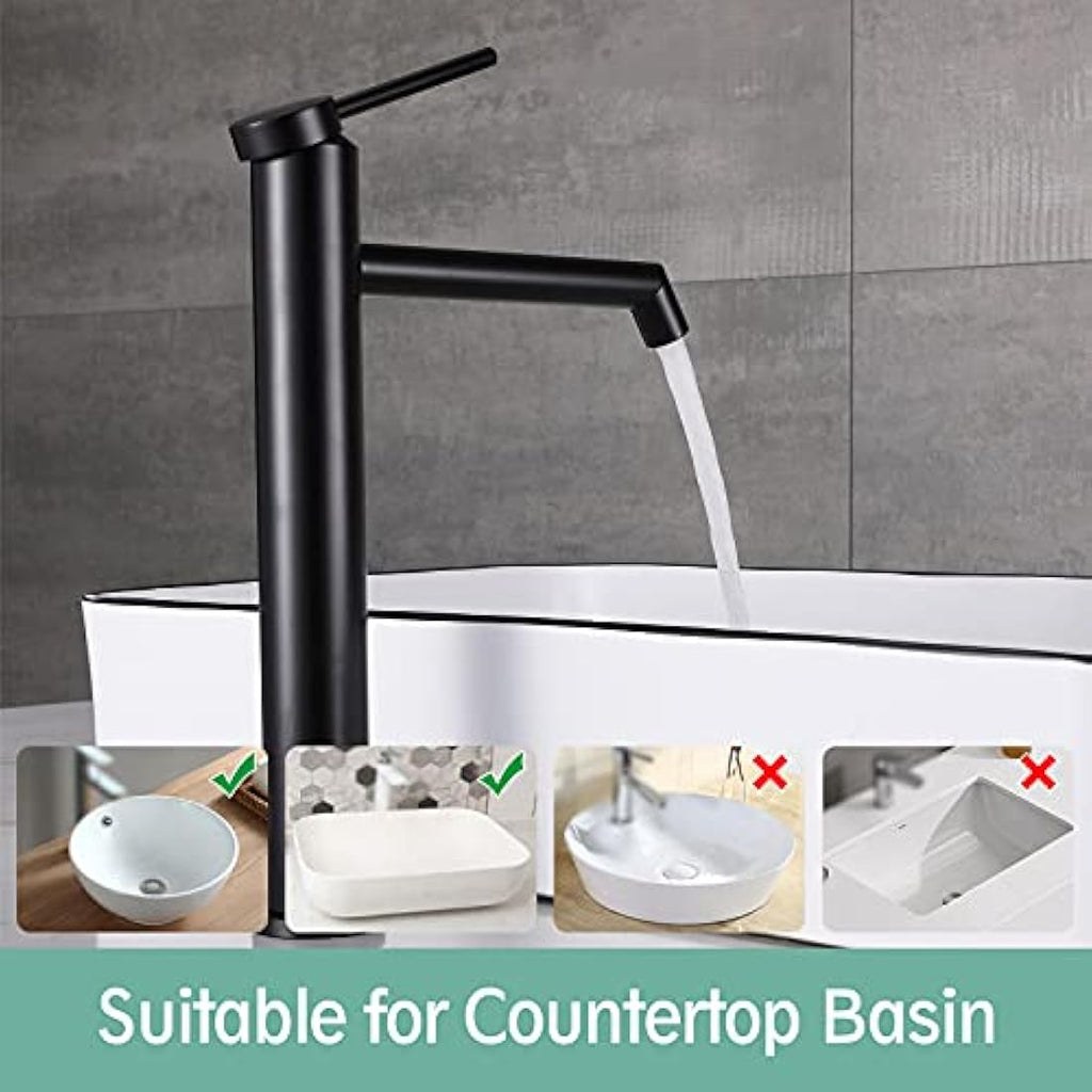 SHANFO Matte Black Tall Basin Tap – Stainless Steel Bathroom Faucet