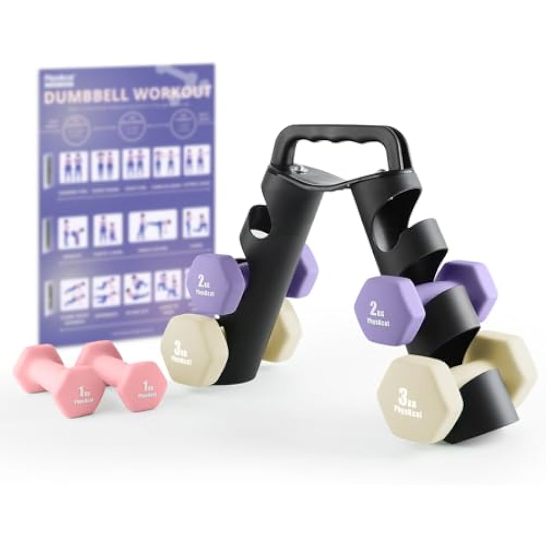 PhysKcal Neoprene Dumbbells Set with Rack | 1kg, 2kg, 3kg Hand Weights