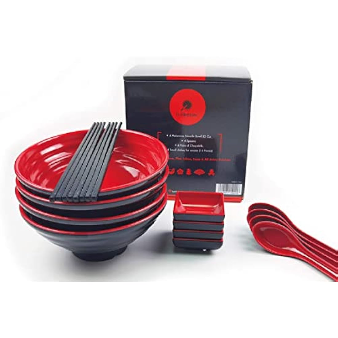 BaliBetov Melamine Ramen Bowl Set - 16 Piece Noodle Soup Kit, 32oz Red