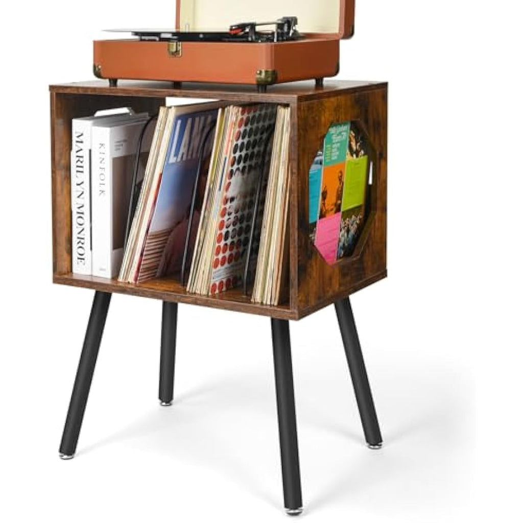 ikkle Rustic Record Player Stand – Wood Vinyl Storage Cabinet with Metal Legs