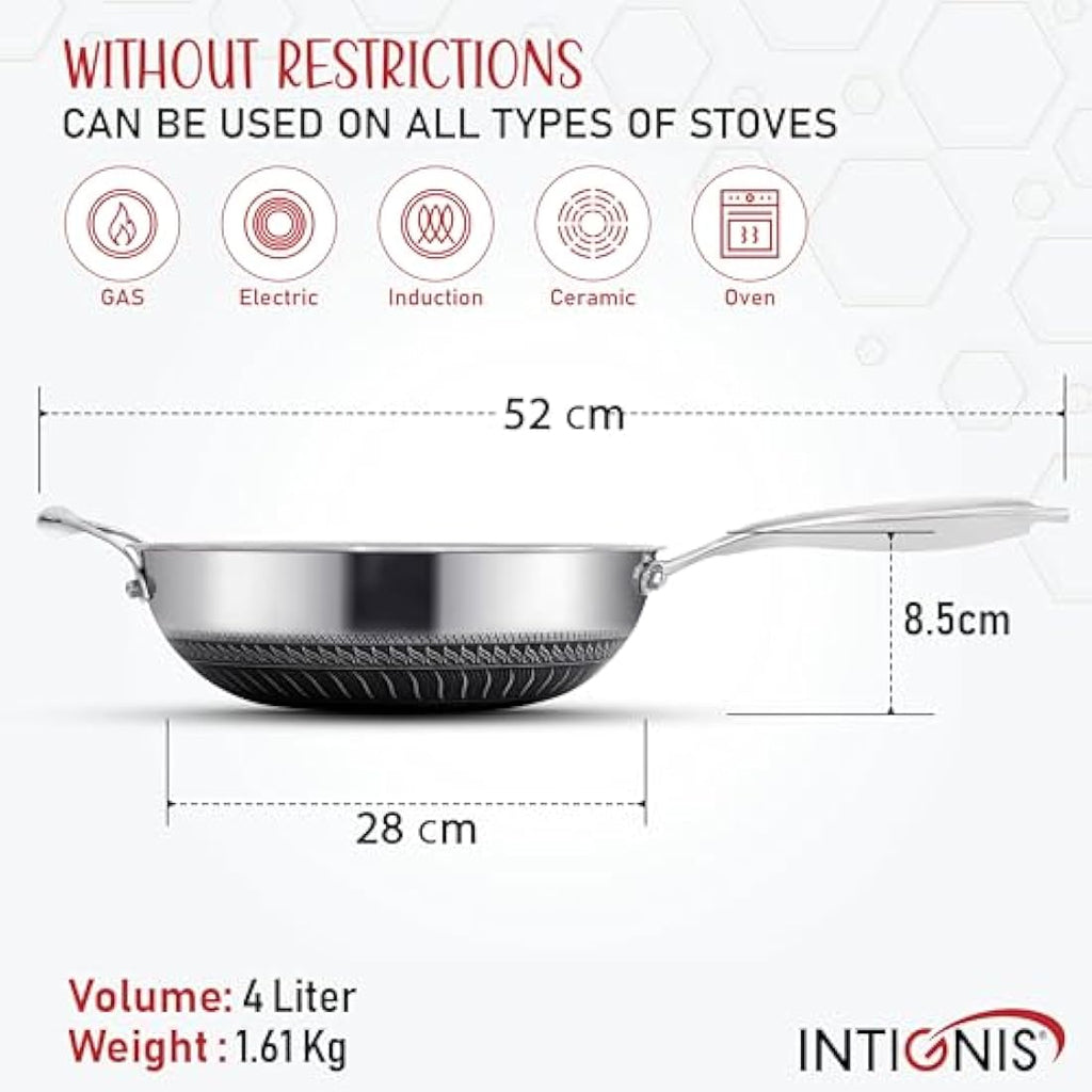 INTIGNIS 28cm Stainless Steel Wok with Lid – Non-Stick Induction Pan